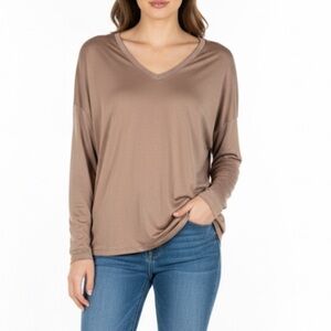 Charlie B Classic Mix Media Satin V-Neck Long Sleeve Top Large Rose Blush
